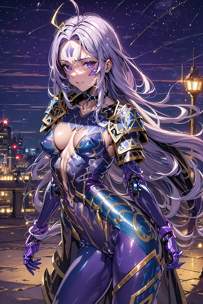 La imagen es de una hermosa chica de anime con cabello morado largo y ojos morados. Ella está usando un body morado con acentos dorados y un cinturón dorado. También está usando un par de guantes y botas morados. Ella está de pie en una ciudad por la noche y hay una farola a su lado. El fondo es un paisaje urbano con edificios altos y un cielo nocturno estrellado.