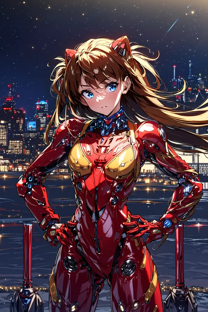 The image is of a young girl with long brown hair and blue eyes. She is wearing a red and yellow bodysuit with a high collar and a large metal plate on her chest. The suit has yellow detailing and there are two red lights on her chest. She also has a pair of red and yellow boots. She is standing in a futuristic city with tall buildings and a night sky with many stars.