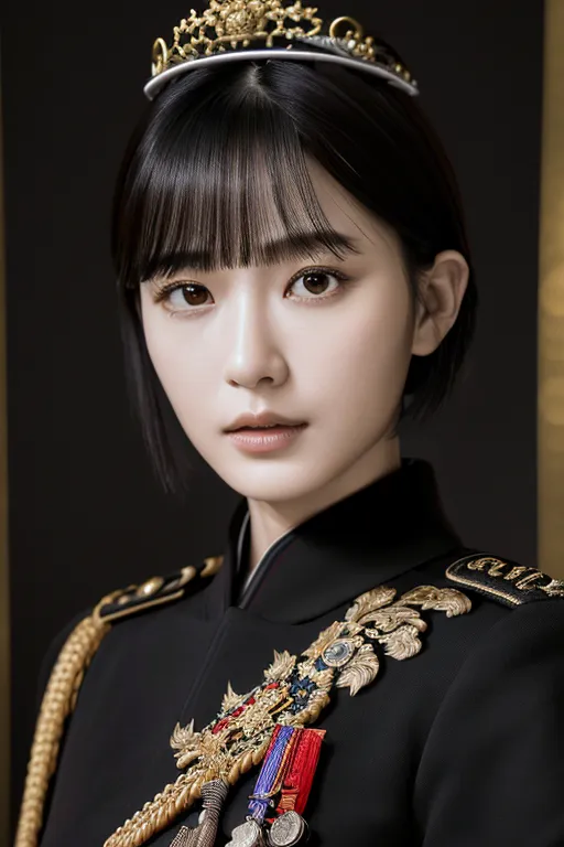 A young woman with short black hair and bangs is wearing a black military uniform with gold epaulettes and a gold crown. She has a serious expression on her face.