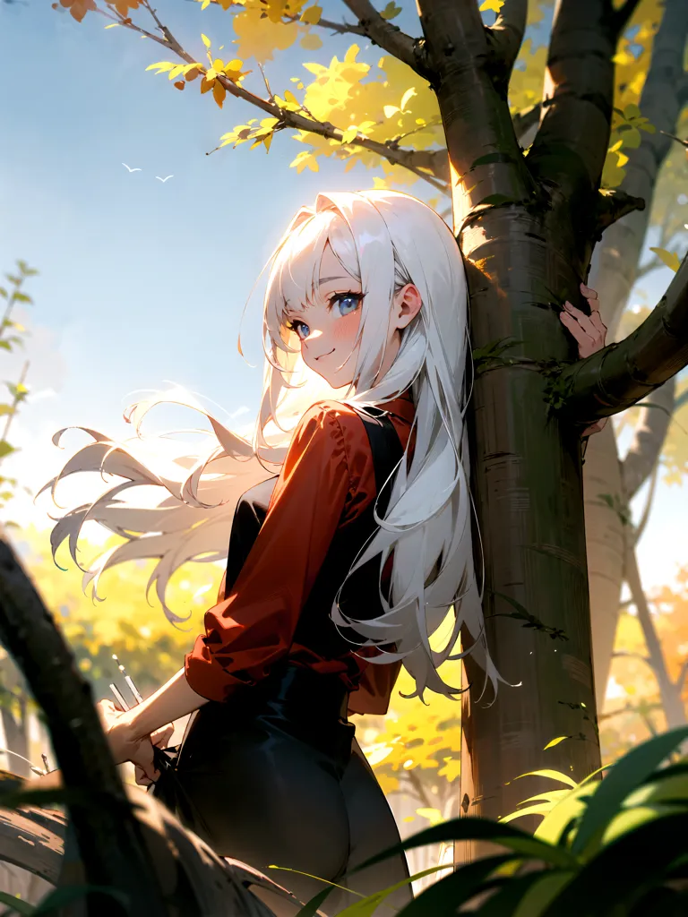 The image is a painting of a young woman with long white hair and blue eyes. She is wearing a red shirt and black pants. She is standing in a forest, leaning against a tree. The leaves on the tree are turning yellow and orange. The sun is shining through the trees. The woman is smiling. She has a book in her hand.