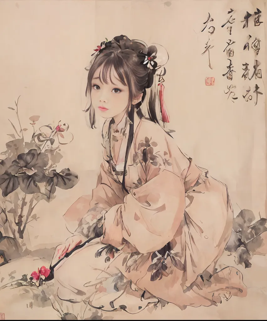 L'image est une peinture chinoise d'une jeune femme. Elle est à genoux sur le sol, une main posée sur son genou et l'autre tenant une fleur. Elle porte une robe traditionnelle chinoise avec une longue jupe fluide et une veste courte aux manches larges. Ses cheveux sont longs et noirs, et elle porte un couvre-chef traditionnel chinois. L'arrière-plan de la peinture est un simple lavis de couleur avec quelques plantes abstraites. La peinture est réalisée dans un style réaliste et l'artiste a utilisé une variété de coups de pinceau pour créer les différentes textures des vêtements de la femme et des plantes. La peinture est également très détaillée et l'artiste a pris soin de capturer l'expression de la femme et les détails de ses vêtements.