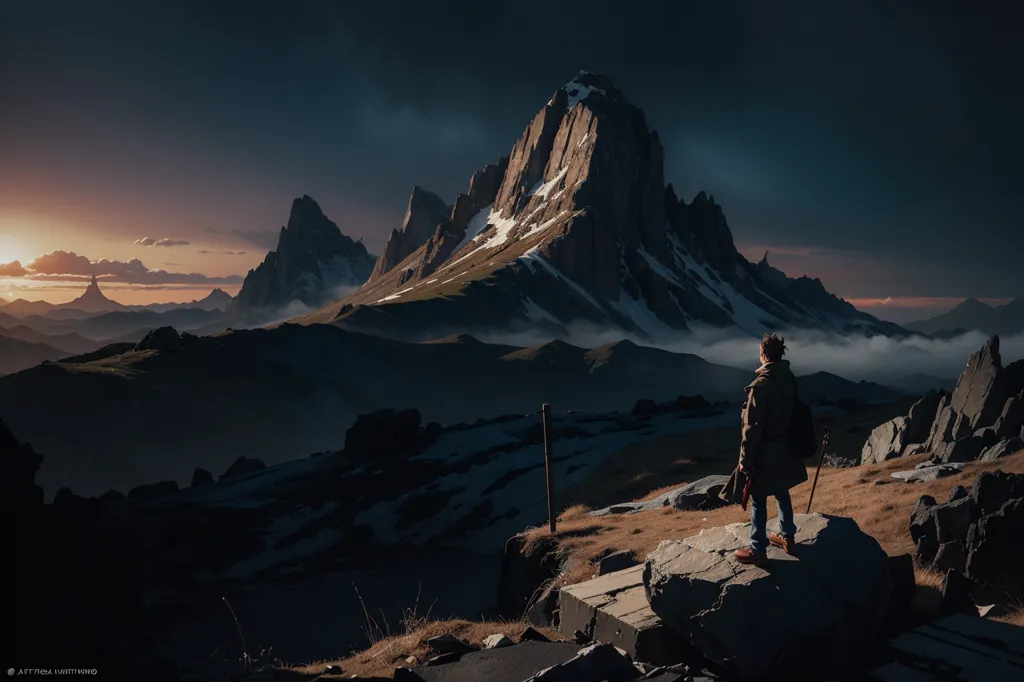 La imagen es un hermoso paisaje de una cordillera al atardecer. El cielo y las nubes son una mezcla de naranjas, amarillos, rosas y morados. El sol se está poniendo detrás de las montañas, y sus rayos proyectan un resplandor dorado sobre el paisaje. Las montañas están cubiertas de nieve. Una persona está de pie sobre una roca en primer plano, mirando el panorama. Lleva un abrigo largo marrón y un sombrero. La imagen es muy pacífica y serena.