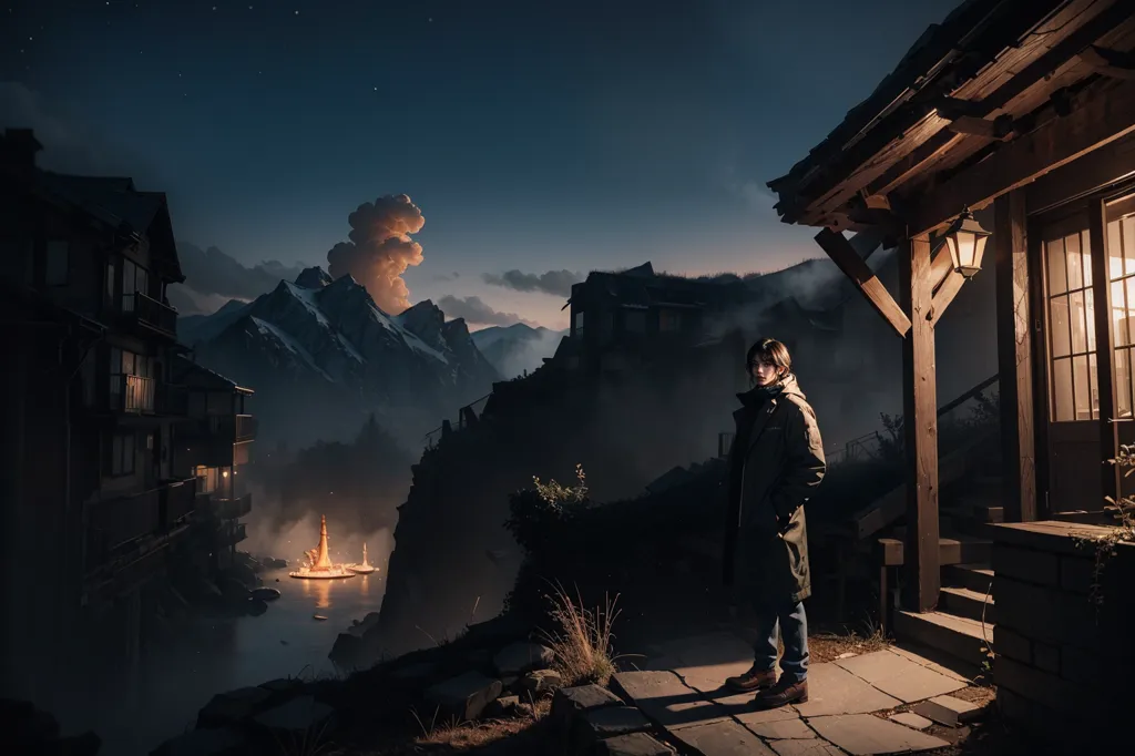 The image is set in a small village in the mountains. The sky is dark and there are stars in the sky. There is a fire on the lake. A person is standing on the porch of a house looking at the fire. The person is wearing a coat and jeans. The house is made of wood and has a light on inside. There are other houses in the village. The mountains are in the background and are covered in snow.