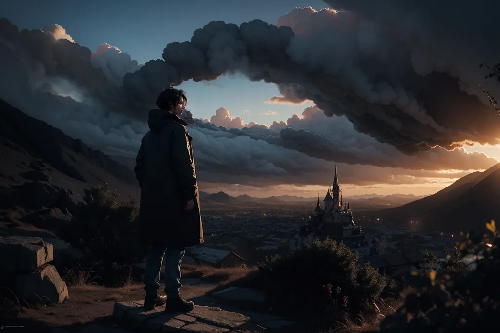 The image is a digital painting of a person standing on a hilltop, looking at a city in the distance. The sky is dark and cloudy, with a few rays of sunlight breaking through the clouds. The city is lit up by the sunlight, and there is a castle on a hill in the background. The person is wearing a long coat and jeans, and they have their hands in their pockets. They are looking out at the city with a thoughtful expression on their face. The image is full of mystery and wonder, and it leaves the viewer wondering what the person is thinking and what their story is.