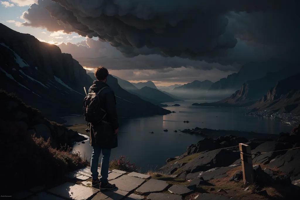 A man is standing on a stone slab looking out at a fjord. He is wearing a black jacket and jeans and has a backpack on. The sky is dark and cloudy, but the sun is shining brightly on the water. There are mountains in the distance. The man is alone and looks peaceful.