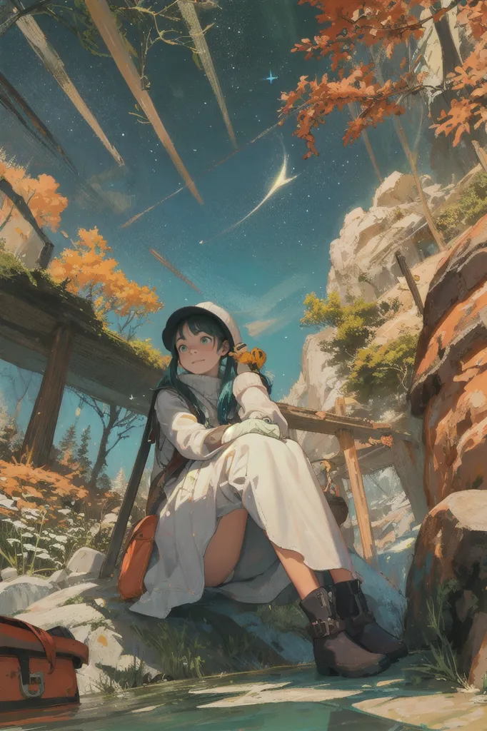 The image is of an anime girl with green hair and blue eyes. She is wearing a white dress and a green hat. She is sitting on a rock in a forest. There is a river in front of her and a large tree behind her. The sky is blue and there are some clouds in the sky. There is a mountain in the background. The image is very detailed and the colors are vibrant.