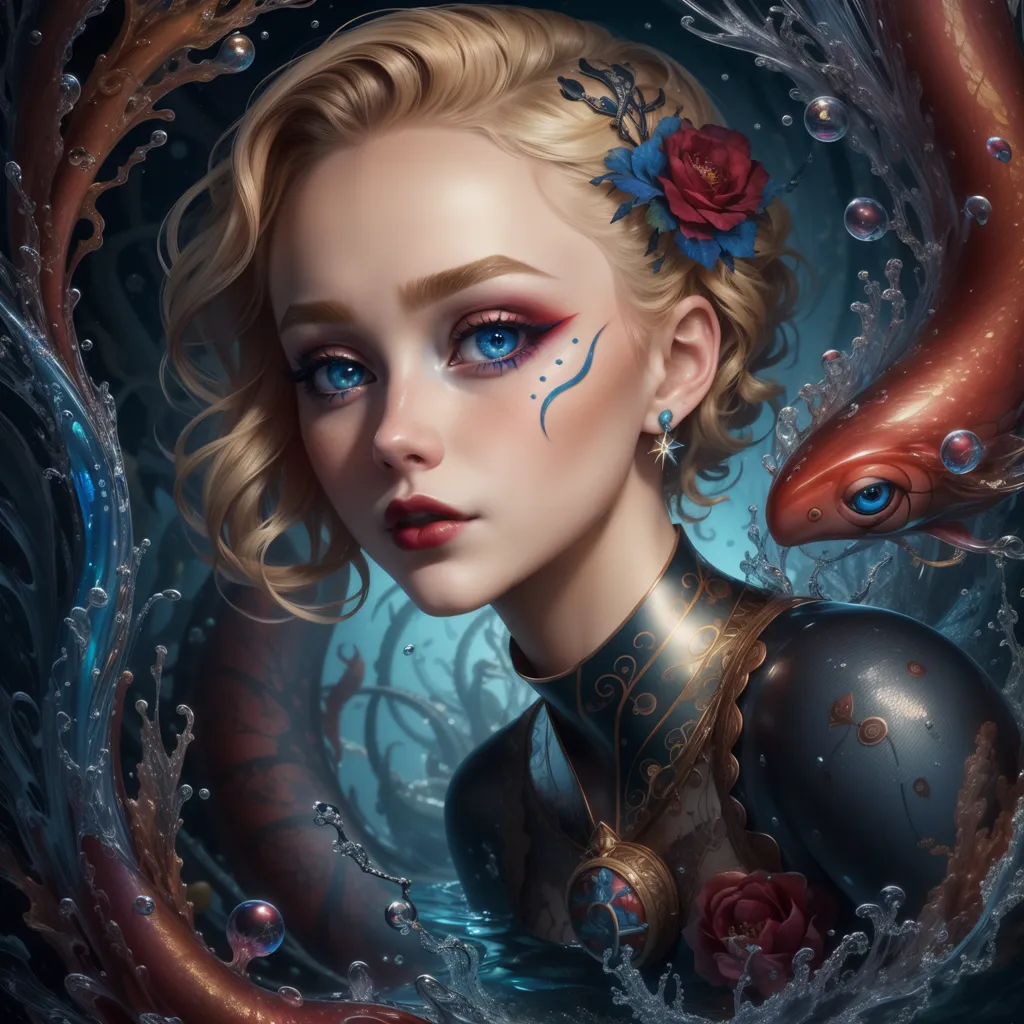 The picture shows a beautiful woman with blonde hair and blue eyes. She is wearing a black dress with a red rose on her chest. There are two red fish swimming around her head. The background is dark with bubbles and seaweed.