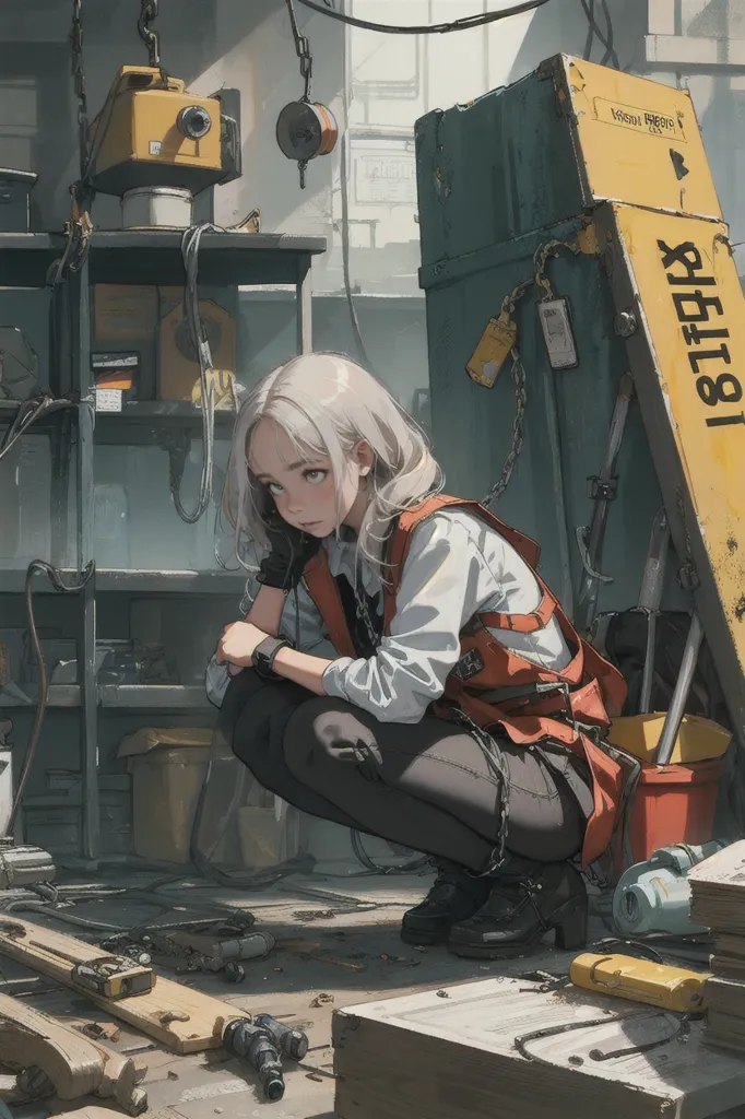 The image shows a young woman with white hair and gray eyes. She is wearing a white shirt, black pants, and a red vest. She is kneeling on the ground in a cluttered garage or workshop. There are tools and other objects scattered around her. The woman has her hand on her chin and is looking down in thought. She seems to be lost in thought, contemplating something important. The image is full of detail and the colors are vibrant and lifelike. The artist has used a variety of techniques to create a sense of depth and realism. The overall effect is one of beauty and mystery.