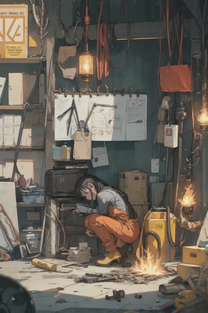 A imagem é de uma jovem mulher em um macacão trabalhando em uma oficina bagunçada. Ela está soldando um tubo de metal enquanto usa uma máscara de proteção. A oficina está cheia de ferramentas e equipamentos, incluindo uma grande bigorna, uma prensa de perfuração e um maçarico de solda. Há um fogo queimando no canto da oficina e uma grande janela deixa entrar a luz. A mulher está usando um macacão e botas, e seu cabelo está preso em um rabo de cavalo. Ela está concentrada em seu trabalho, e a imagem captura a intensidade e determinação de uma artesã habilidosa.