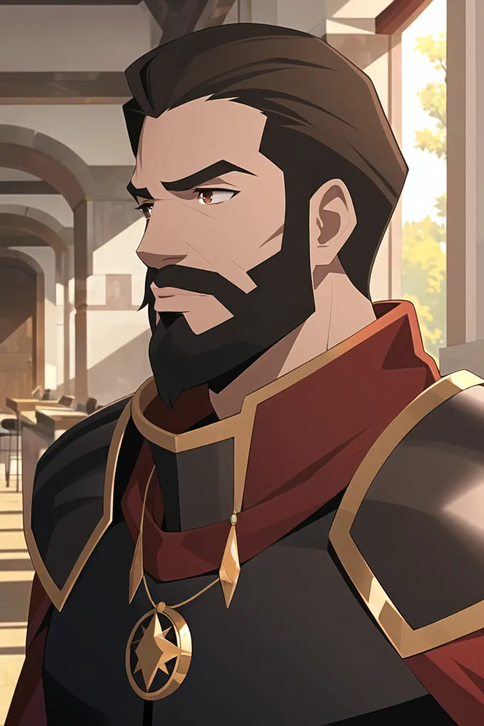 This is a picture of a man with dark hair and a beard. He is wearing a red and brown tunic with gold trim and grey and brown shoulder pads. He has a gold necklace with a blue gem in the center. He has a serious expression on his face. He is standing in a hallway with stone walls and wooden beams.