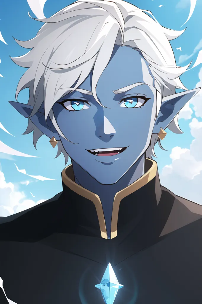 This is an image of a blue-skinned elf with white hair and blue eyes. He has a friendly smile on his face and is wearing a black shirt with gold trim. He is also wearing a gold necklace with a blue diamond in the center. His ears are long and pointed, and he has a small diamond stud in his left ear. He is standing in front of a blue sky with white clouds.