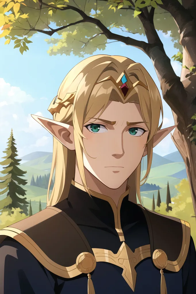 This is an image of a young man with long blond hair and green eyes. He has pointed ears and is wearing a golden crown with a blue gem in the center. He is wearing a brown and gold tunic with a white undershirt. He has a serious expression on his face. He is standing in a forest setting with green trees and mountains in the background.