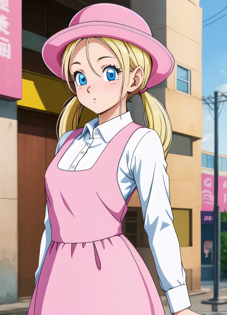 The image shows a young woman with blonde hair and blue eyes. She is wearing a pink hat, a white shirt, and a pink apron. She is standing in front of a building with a sign that says "Ramen". The background is a city street with other buildings and people walking around. The woman is looking at the camera with a curious expression on her face.