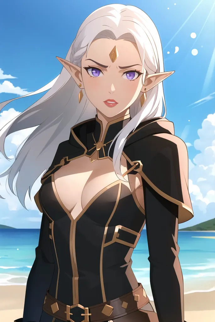 The picture shows a beautiful elf woman with long white hair and purple eyes. She is wearing a black and gold outfit with a plunging neckline and a high collar. She is also wearing a pair of gold earrings and a gold necklace. She is standing on a beach with the ocean behind her.