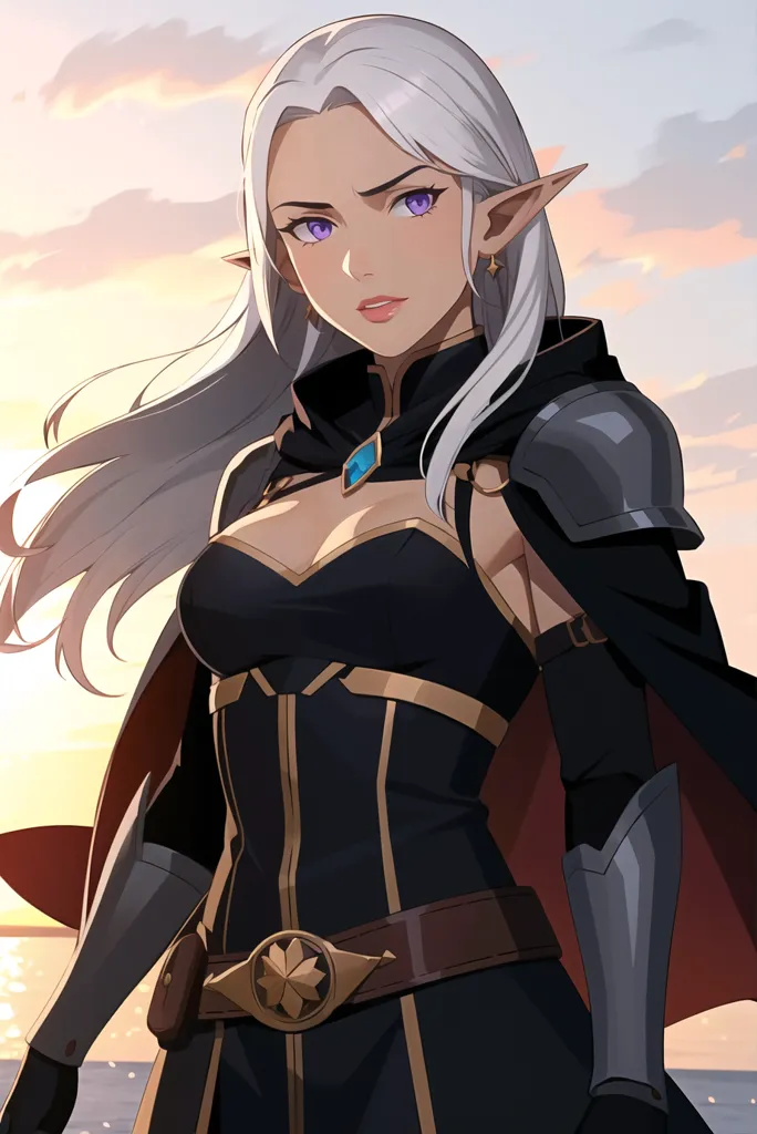 The picture shows a beautiful, young, female elf with long, flowing, white hair. She is wearing a black and brown outfit with gold trim and a gold necklace with a blue gem in the center. She also has a red cape and silver shoulder pads. She is standing in front of a sunset with a determined look on her face.