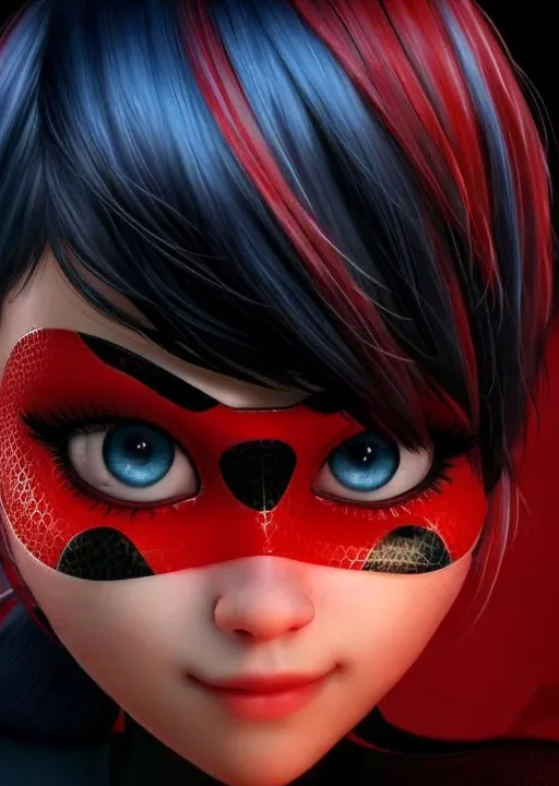 A imagem mostra um close-up da Ladybug, um personagem da popular série animada Miraculous: As Aventuras de Ladybug e Cat Noir. Ela é retratada com sua máscara característica de bolinhas vermelhas e pretas, olhos azuis e cabelo vermelho e azul. A imagem é renderizada em um estilo 3D realista, e os detalhes do traje e do cabelo da Ladybug são claramente visíveis. O fundo é de uma cor vermelha escura, o que faz com que o rosto da Ladybug se destaque.