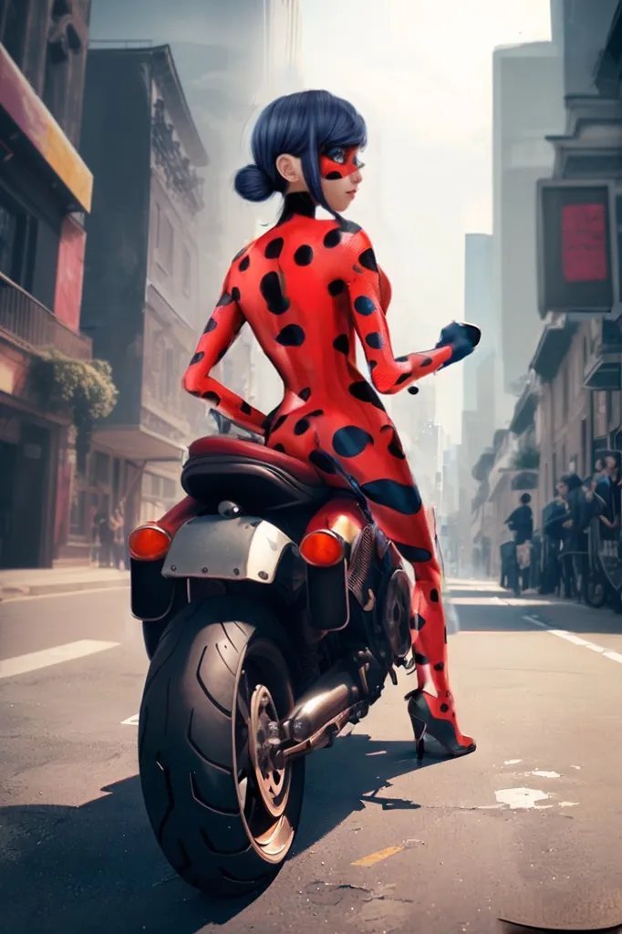 The picture shows a young woman sitting on a motorcycle. She is wearing a red and black spotted bodysuit, a black mask, and a blue wig. The motorcycle is black and red. The woman is looking back over her shoulder at the camera. She has a confident expression on her face. The background is a busy street with people walking around. There are buildings on either side of the street. The sky is blue with some puffy white clouds.