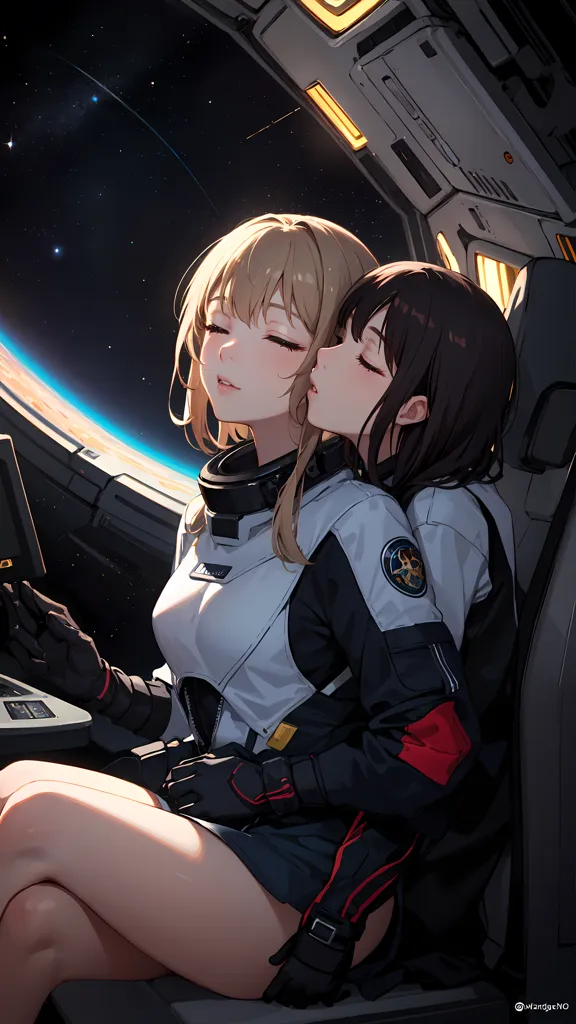 This is an image of two anime girls in a spaceship. The girl on the left is sitting in the pilot's seat, with the girl on the right sitting on her lap. The girl on the left has blonde hair and blue eyes, and is wearing a white spacesuit. The girl on the right has brown hair and brown eyes, and is wearing a black spacesuit. The spaceship is dark, with a few lights on the dashboard. Outside the window, there is a planet with a blue atmosphere.