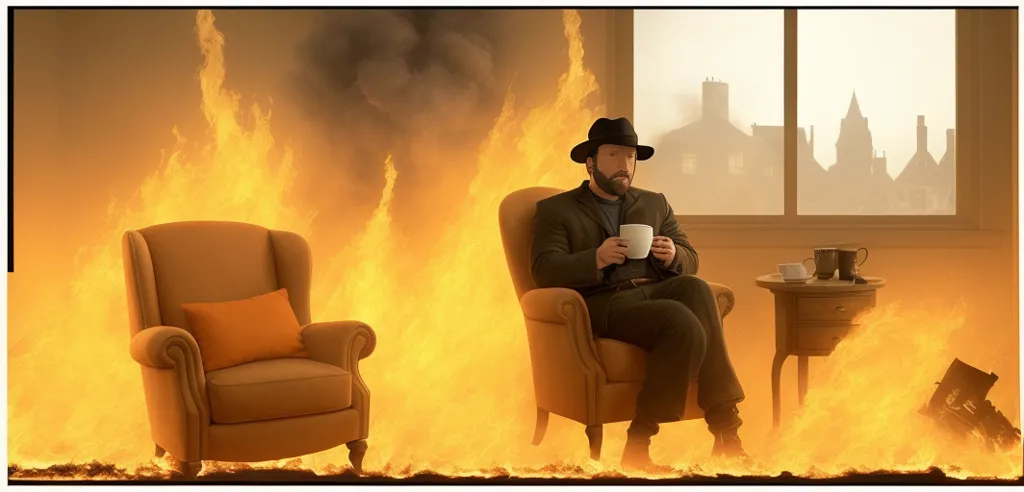 A man is sitting in a chair in a room that is on fire. He is wearing a hat and holding a cup of tea. The flames are all around him, but he seems to be unperturbed. He is looking out the window at a cityscape. The image is both surreal and thought-provoking. It is unclear what the man is thinking or feeling, but he seems to be at peace with his surroundings. The image could be interpreted in many different ways, but it is ultimately up to the viewer to decide what it means to them.