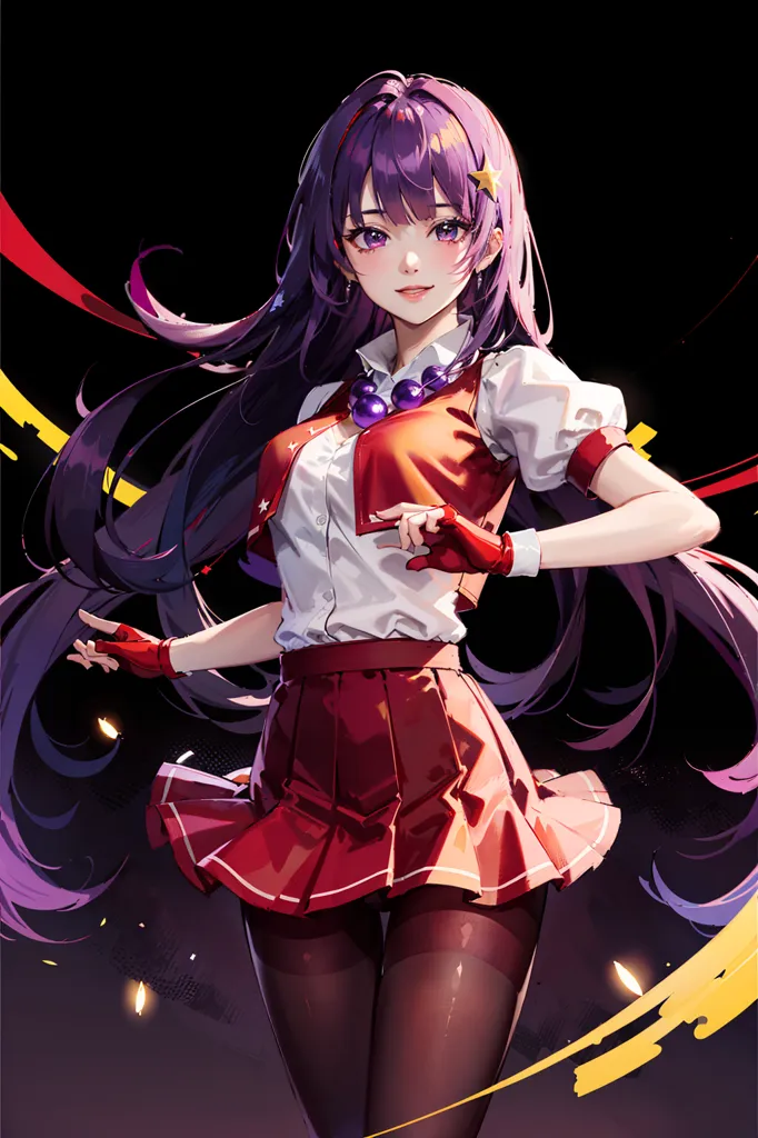 This is an image of a young woman with a purple hair. She is wearing a white shirt, a red vest, and a red skirt. She is also wearing a pair of red gloves. She has a confident smile on her face and is looking at the viewer. There are yellow and red ribbons flowing around her. The background is dark.