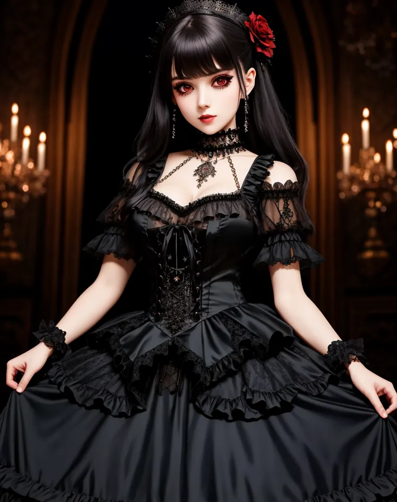 The picture shows a young woman wearing a black Gothic dress with a red rose in her hair. She is standing in a dark room, with candles on either side of her. The woman has long black hair, red eyes, and pale skin. She is wearing a black choker and a black lace necklace. The dress has a sweetheart neckline and is off the shoulder. The sleeves are long and have a ruffled cuff. The skirt is full and has several layers of ruffles. The woman is wearing black gloves and is holding the skirt of her dress with both hands.