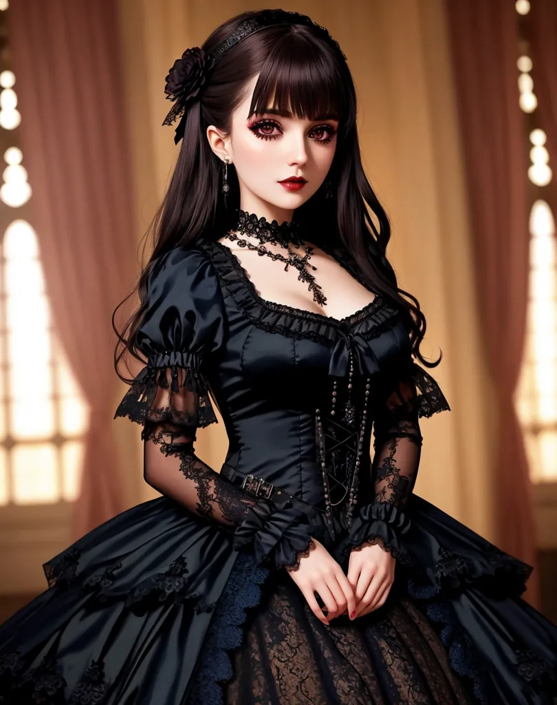 この画像には、長い黒髪と赤い目をした若い女性が写っています。彼女は黒のドレスを着ており、白い襟がついています。ドレスはサテン製で、レースのオーバーレイがあります。また、黒のネックレスと黒のバラの髪飾りも身につけています。彼女は赤いカーテンのある大きな部屋に立っています。