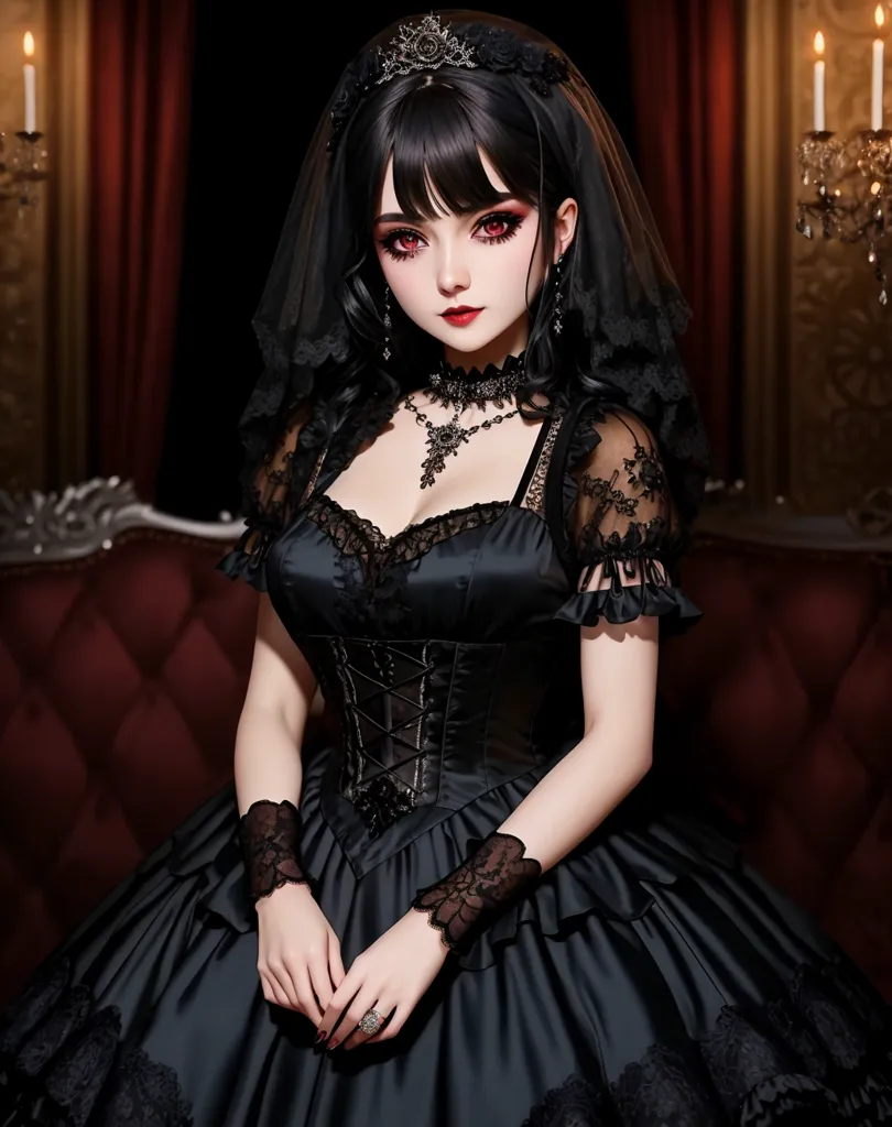 The image is of a young woman, with black hair and red eyes, wearing a black wedding dress. The dress has a sweetheart neckline and a fitted bodice, with a full skirt. The skirt has a scalloped hem. She is wearing a black veil and a black necklace. The background of the image is a red curtain.