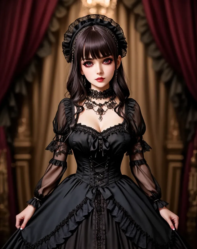 The image shows a young woman wearing a black Gothic dress with a white lace collar. She has long black hair and red eyes. She is standing in front of a red curtain.