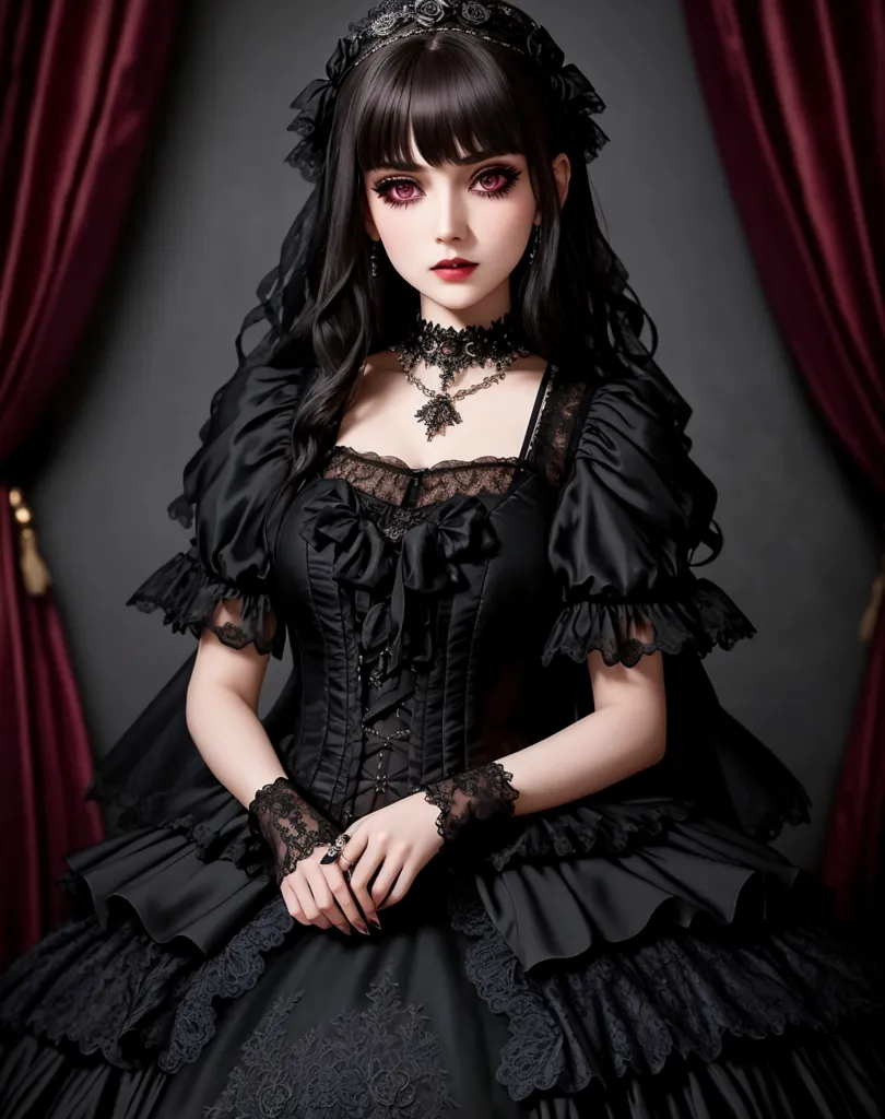 The image is of a young woman with long black hair and red eyes. She is wearing a black dress with a white collar and a black veil. The dress has a fitted bodice with a sweetheart neckline and a full skirt with multiple layers of ruffles. The woman is also wearing a necklace and a pair of earrings. Her makeup is dark and dramatic, with a smoky eye and a deep red lip. Her hair is styled in a high bun with a few loose strands framing her face. She is standing in front of a red curtain, and there is a dark red rose on the ground next to her.