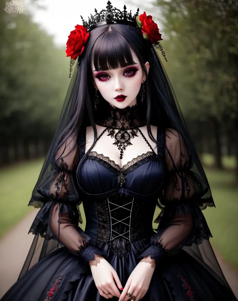 The image shows a woman wearing a black wedding dress with a long veil. The dress is made of black lace and has a fitted bodice with a sweetheart neckline. The skirt is full and flows out from the hips. The woman's hair is long and black and she is wearing a black crown with red roses. Her makeup is dark and dramatic with smoky eyes and red lipstick. She is also wearing a long black necklace with a pendant. The woman is standing in a forest and there are trees in the background.