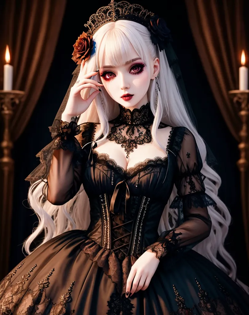 The image is of a beautiful woman with long white hair and red eyes. She is wearing a black dress with a sweetheart neckline and a corset. The dress is trimmed with lace and has a long train. She is also wearing a black choker and a crown of black roses. The woman is standing in front of a dark red curtain. There are two candlesticks on either side of her. The woman has a serious expression on her face. She is looking at the viewer with her red eyes.