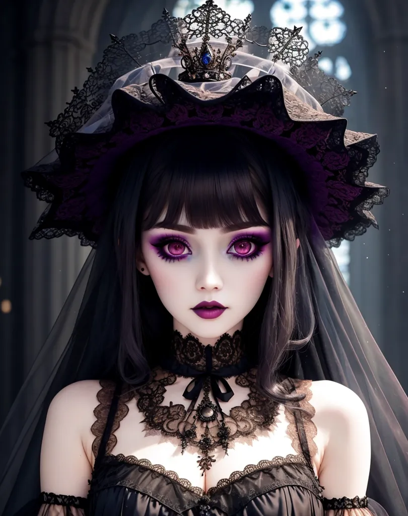 The image is a portrait of a young woman with long black hair and purple eyes. She is wearing a black and purple dress with a lace collar and a large black hat with a purple veil. She is also wearing a necklace with a large purple gem in the center. The background is a dark church with stained glass windows.