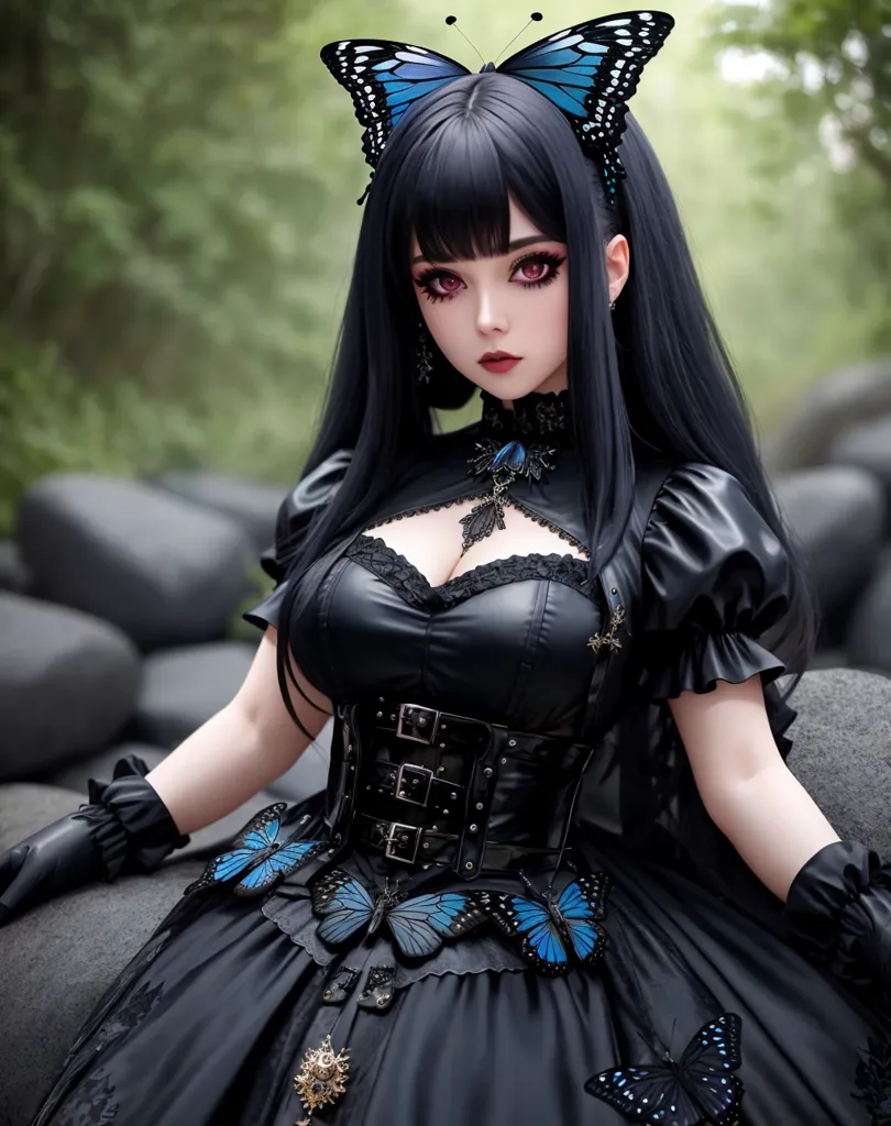 The image shows a young woman with long black hair and blue eyes. She is wearing a black gothic dress with a corset and a butterfly pattern. She is also wearing a butterfly headdress and black gloves. She is sitting on a rock in a forest, and there are butterflies flying around her.