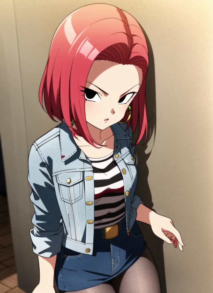 The image shows a young woman with red hair and green eyes. She is wearing a denim jacket, a black and white striped top, and a denim skirt. She is also wearing black stockings and brown boots. She has a serious expression on her face and is looking at the viewer with her right hand on the wall.