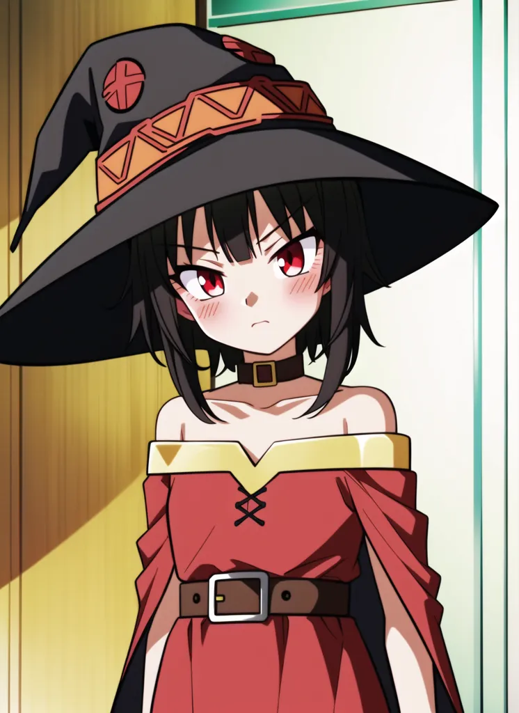 The image is of a young girl with long black hair and red eyes. She is wearing a red and white dress with a brown belt and a large black hat with a red band around it. She is standing in a room with a wooden door behind her. The girl is looking at the viewer with an angry expression on her face.