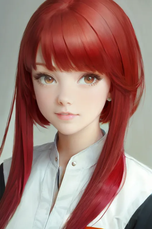 Ini adalah gambar seorang wanita muda dengan rambut merah dan mata coklat. Dia mengenakan baju putih. Gambar ini adalah rendering 3D, dan ekspresi wanita tersebut sedikit sedih.