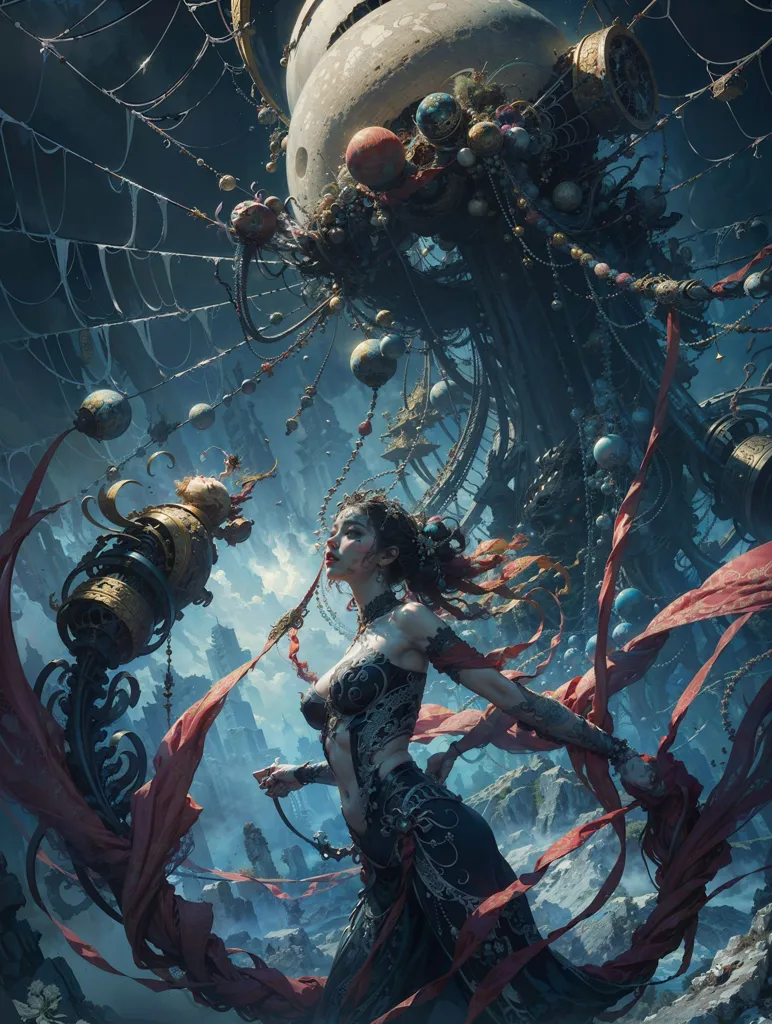 The image is a depiction of a steampunk-themed world. The central figure is a woman dressed in a black and red cheongsam-style dress with a revealing top. She has long red hair and is adorned with various metallic accessories, including a necklace, bracelets, and leg bands. The woman is standing in a precarious position on a series of floating platforms, with a large, ornate structure looming in the background. The structure is made up of a combination of steampunk and Asian-inspired elements. There are gears, cogs, and other mechanical devices, as well as traditional Chinese architectural elements such as pagodas and temples. The image is full of intricate details and has a strong sense of movement and energy.