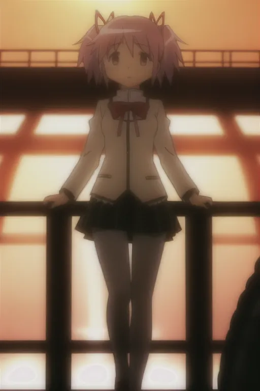 The image contains a young girl with pink hair and purple eyes. She is wearing a white jacket, a pink bow, and a gray skirt. She is standing on a bridge, leaning against the railing. The background is blurry, but it looks like there is a sunset in the distance. The girl has a sad expression on her face.