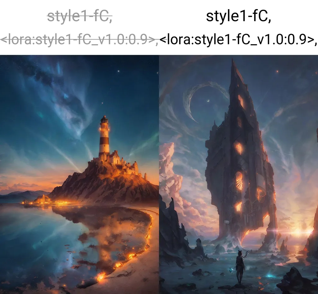 The image is a comparison of two different art styles. The left side is a painting in a realistic style, while the right side is a painting in a more stylized, cartoonish style. The realistic painting is of a lighthouse on a rocky coast. The water is calm and there are clouds in the sky. The cartoonish painting is of a floating island with a tower on it. The island is surrounded by clouds and there is a figure standing on the edge of the island.