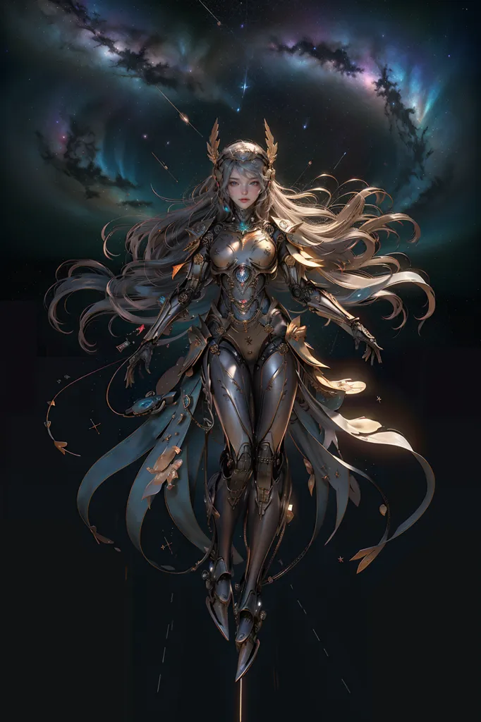 The image is of a beautiful woman with long, flowing white hair. She is wearing a silver and gold armor that covers her body from head to toe. The armor is decorated with intricate designs and has a futuristic look. The woman is standing in front of a dark background with a starry night sky. She is looking at the viewer with a serious expression on her face.