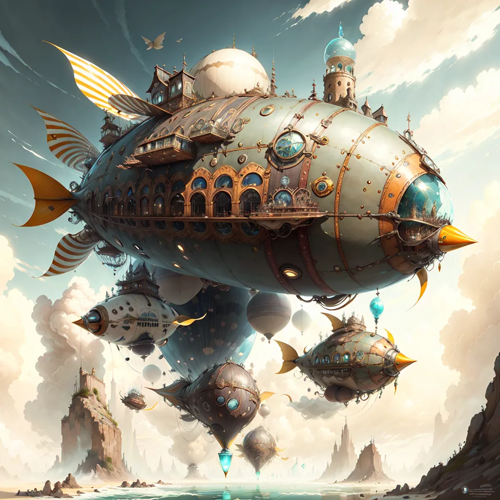 The image is a steampunk airship. It is a large, metal-clad vehicle that is powered by steam engines. The airship has a long, cigar-shaped body with a pointed nose and a rounded tail. It is decorated with intricate carvings and has a large number of windows. The airship is surrounded by clouds and is flying over a body of water. There are several smaller airships flying alongside it.