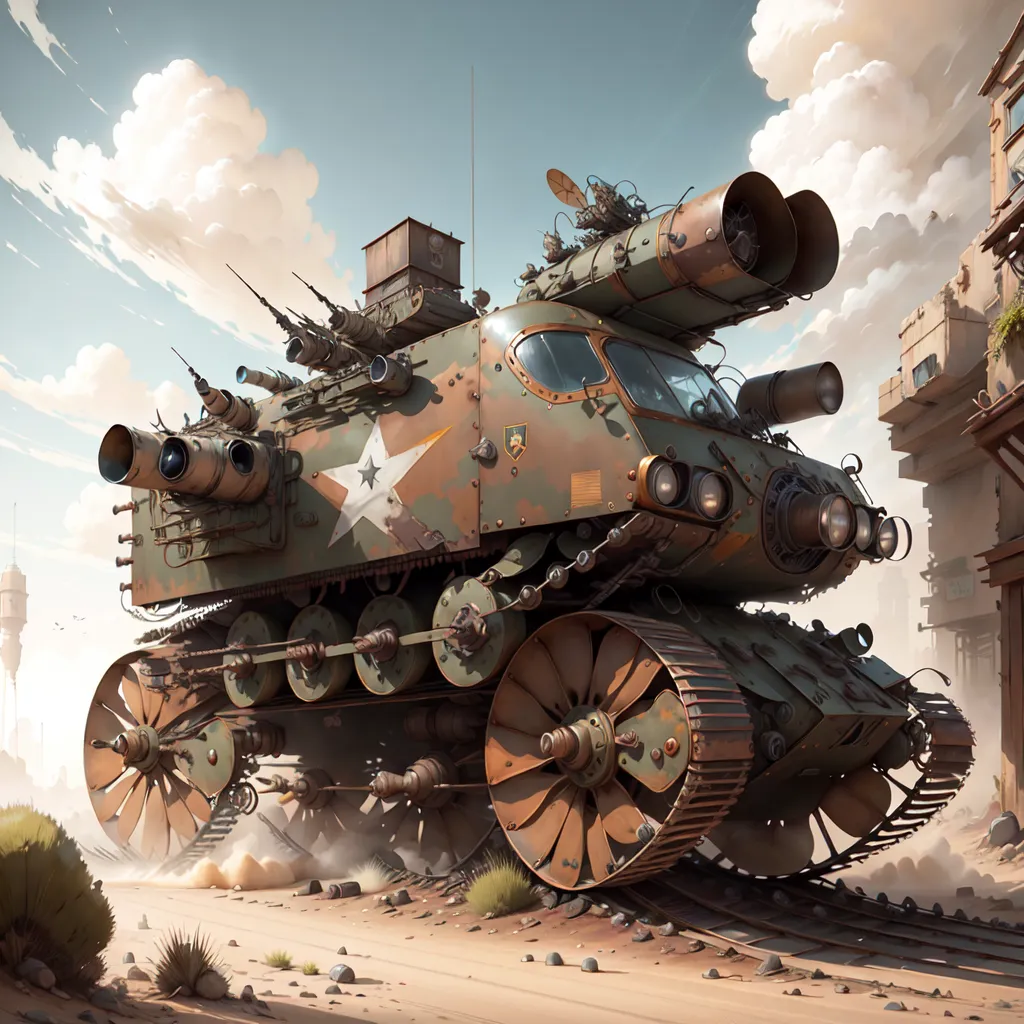 The image shows a large, post-apocalyptic tank. It is made of a variety of materials, including metal, wood, and canvas. The tank has a large cannon on the front, as well as several smaller guns on the sides and top. It is also equipped with a set of tracks that allow it to move over rough terrain. The tank is painted in a green and brown camouflage pattern, and it has a large star on the side.