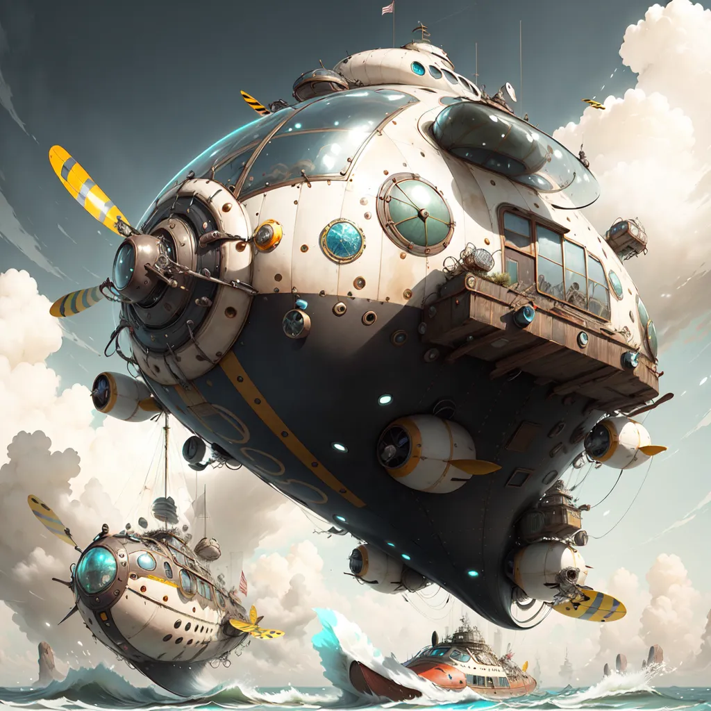 The image shows a large, steampunk-style airship. It has a round body with a flat bottom and a large number of windows. There are also a number of propellers and other mechanical devices on the outside of the ship. The airship is flying over a rough sea, and there are a few smaller ships in the distance. The sky is cloudy, and there are some clouds in the background.