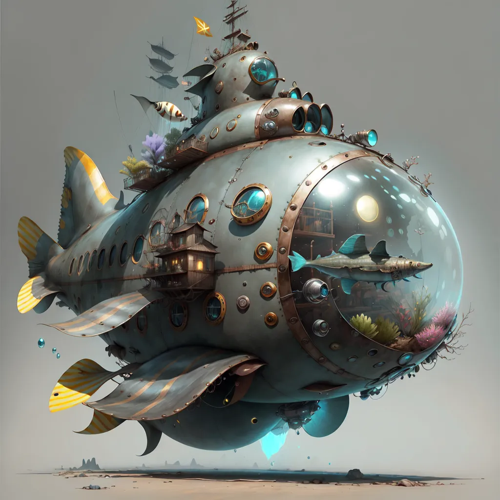 A imagem é um submarino steampunk. Ele tem a forma de um peixe, com um corpo grande e redondo e uma cauda longa e pontiaguda. O submarino é feito de metal e possui uma variedade de escotilhas e janelas. Há uma grande hélice na parte de trás do submarino e uma menor na frente. O submarino também está equipado com uma variedade de armas, incluindo um canhão na frente e um par de tubos de torpedo nos lados.

O submarino é tripulado por uma variedade de criaturas, incluindo humanos, peixes e robôs. Os humanos estão todos vestidos com roupas estilo steampunk, e os peixes e robôs estão todos usando trajes mecânicos. O submarino também é lar de uma variedade de plantas e animais, que vivem em harmonia uns com os outros.

O submarino está atualmente atracado em um pequeno porto. Há alguns outros submarinos atracados no porto, bem como uma variedade de outros veículos estilo steampunk. O porto está localizado em uma grande caverna subterrânea, e as paredes da caverna são cobertas de plantas e animais estranhos e maravilhosos.