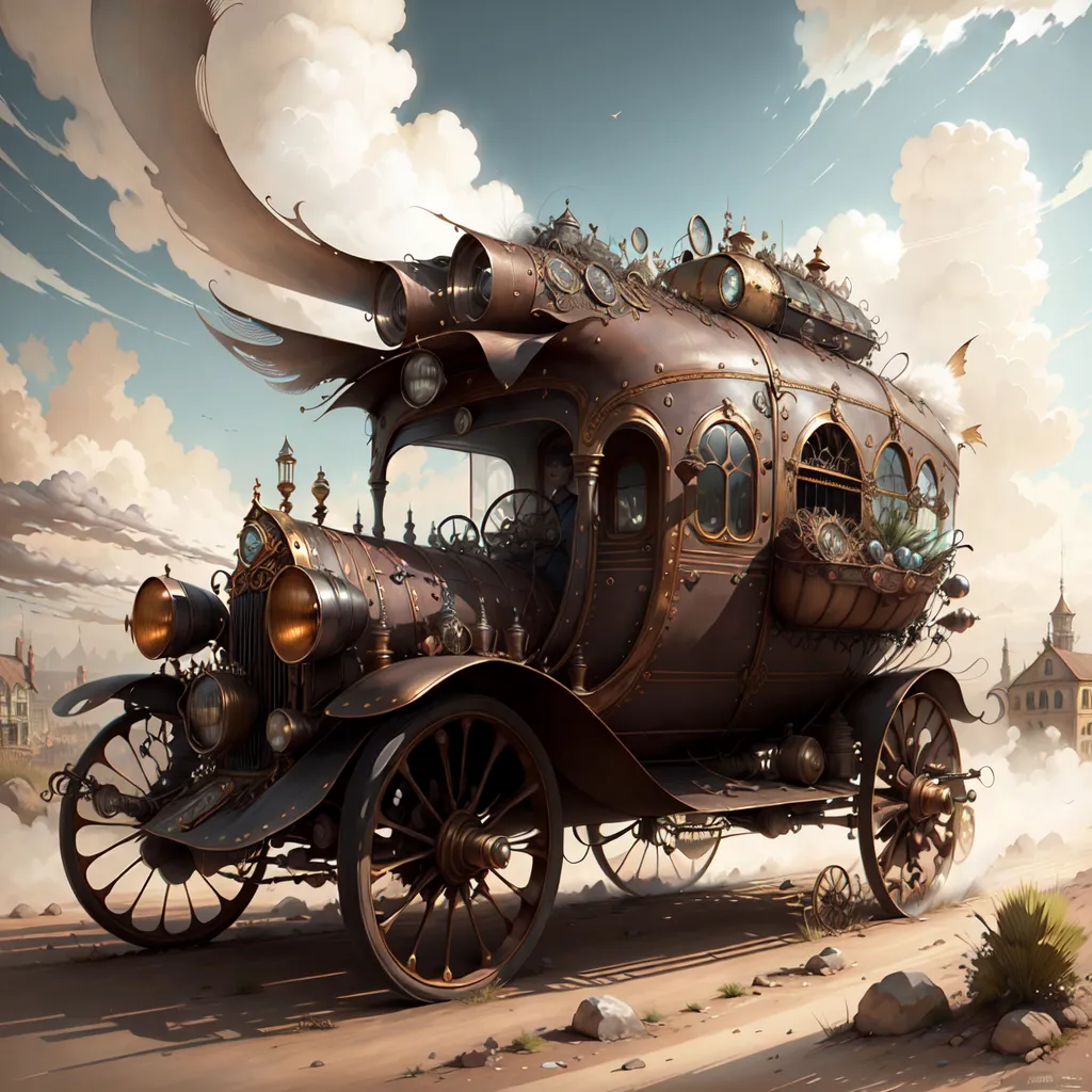 The image shows a steampunk car. It is made of metal and has a lot of gears and pipes on it. It is also very large. There are two people in the car, a man and a woman. They are both wearing steampunk clothes. The car is driving through a desert landscape. There are mountains in the background and a town in the distance. The sky is blue and there are some clouds in the sky.