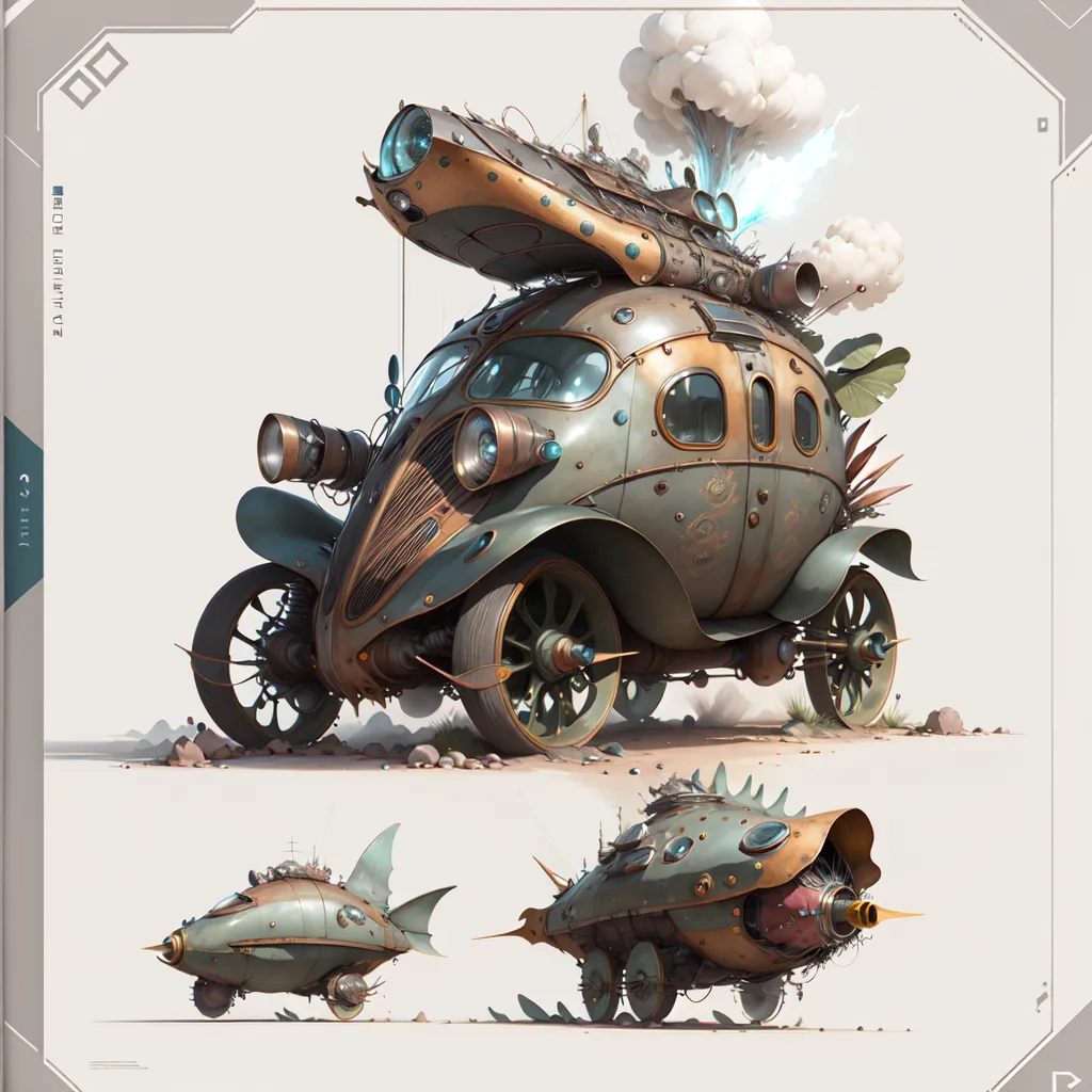 The image shows a steampunk car. It is made of metal and has a large engine on the back. The car is also decorated with various gears and other mechanical objects. There are 3 small wheels on the car. The car is painted in a green and brown color.