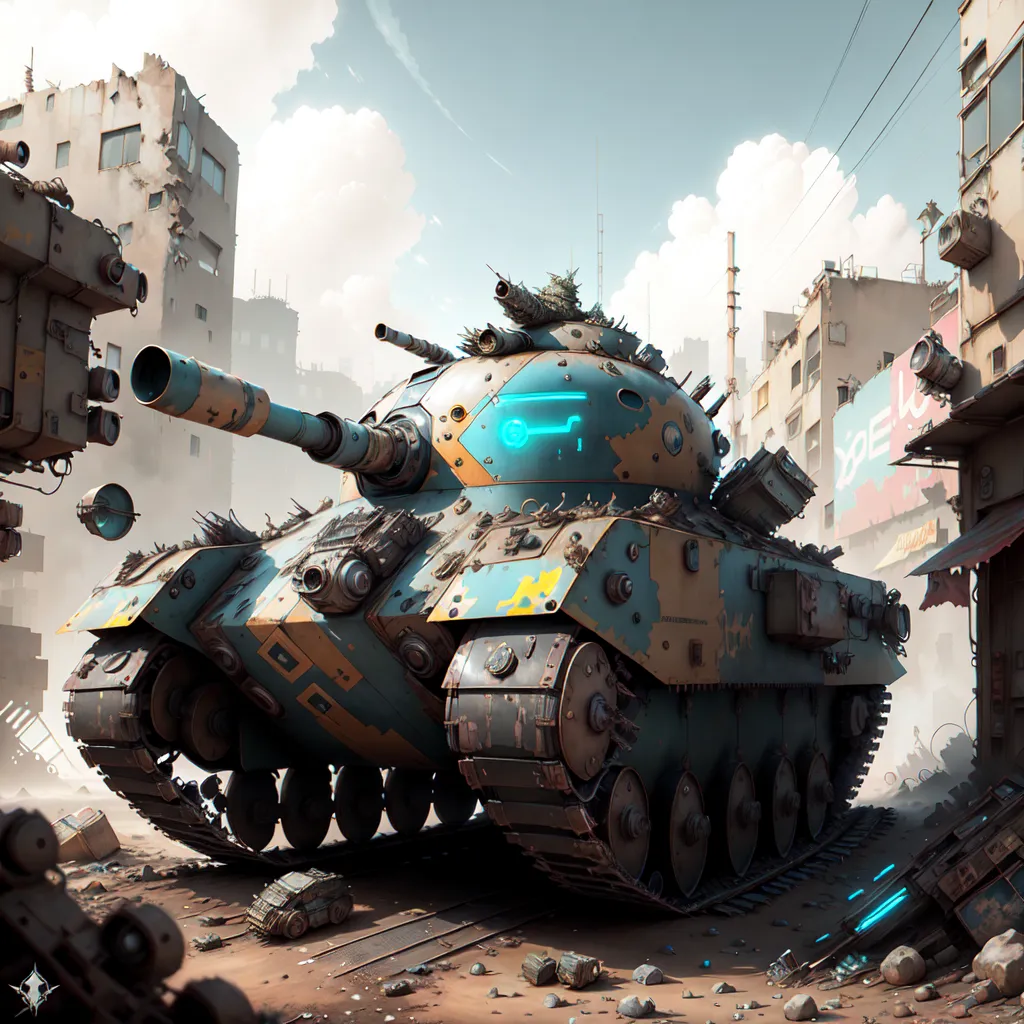 The image shows a futuristic tank. It is blue and yellow and has a large cannon on its turret. The tank is in a destroyed city. There are ruins of buildings all around it. The sky is cloudy and there is a hint of blue light in the distance.