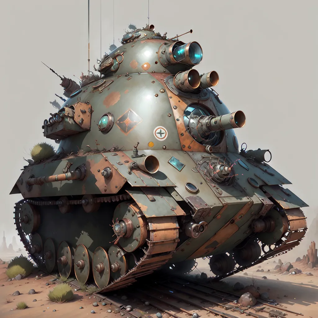 The image shows a large, green and brown tank. It has a round body with a large cannon on the front. There are several smaller cannons and other weapons on the sides and top of the tank. The tank is also equipped with a set of tracks that allow it to move over rough terrain.