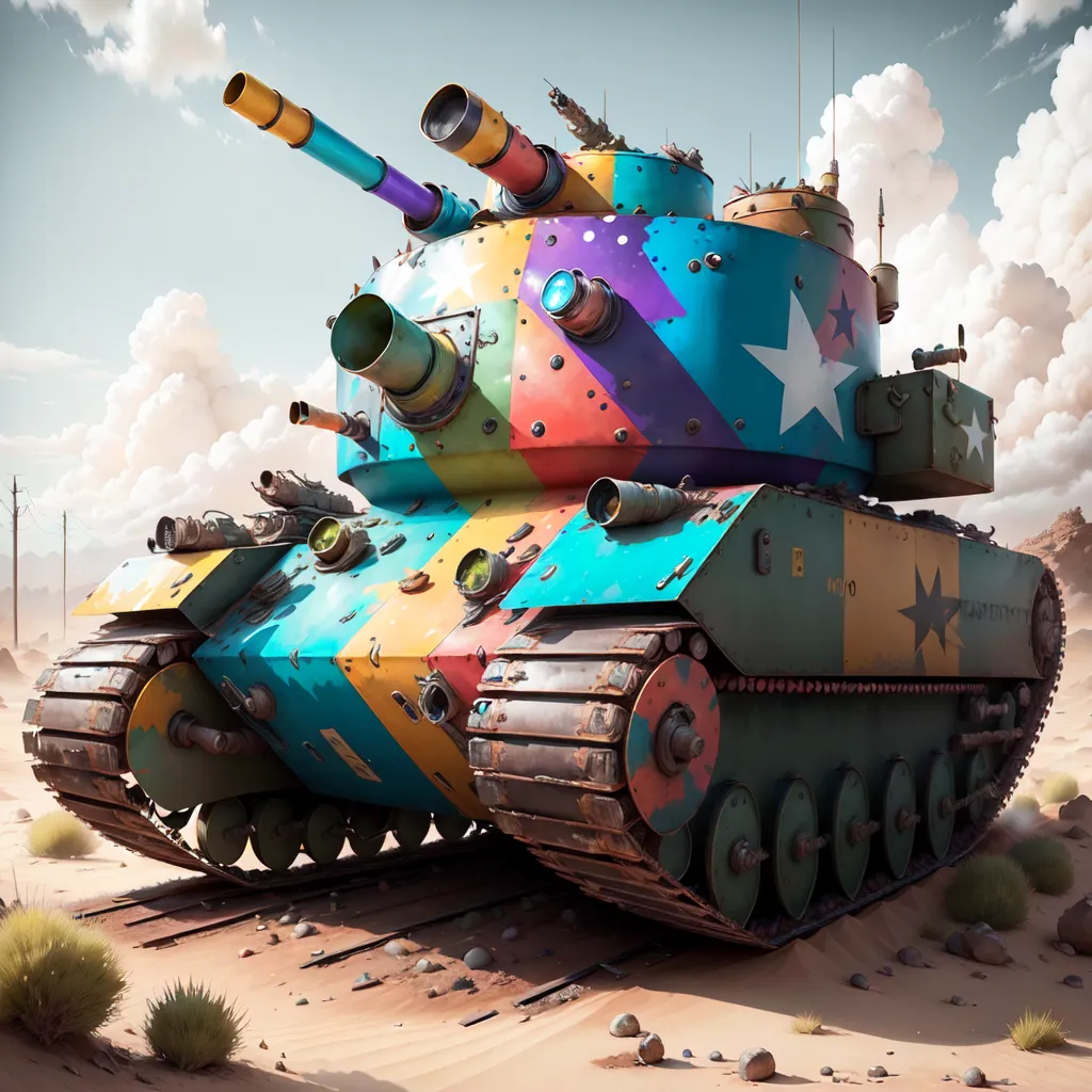 The image shows a tank. It is painted in bright colors and has a star on the side. The tank is in the desert and there are clouds in the sky.