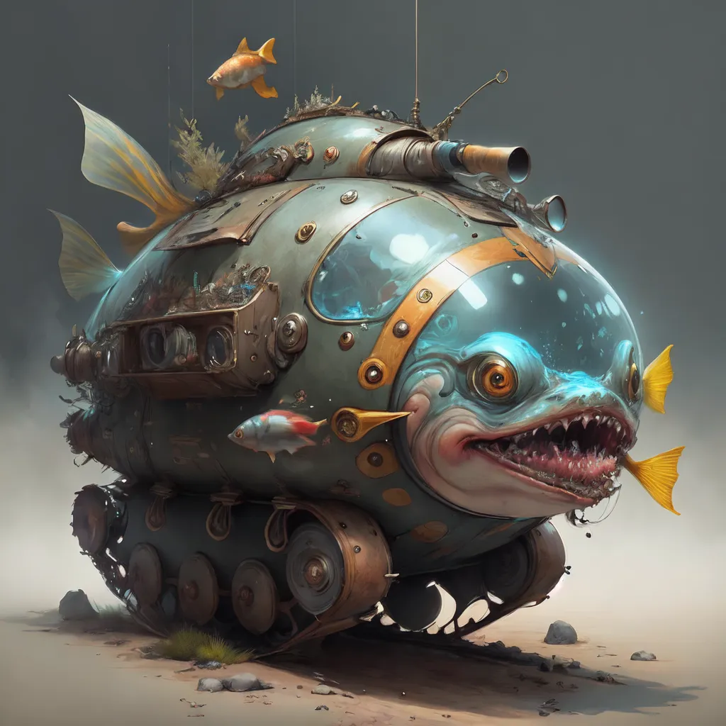 The image is a steampunk fish tank on wheels. It has a large glass dome with a fish swimming inside. The tank is made of metal and has a porthole on the side. There are two small fish swimming around the outside of the tank. The tank is on a set of tracks and has a large cannon on the front.